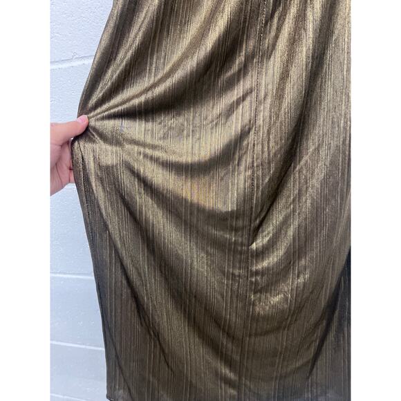 Mac Duggal Sz 0 Gold Metallic Draped Slit Halter Neck Cocktail Evening Gown - Picture 7 of 8